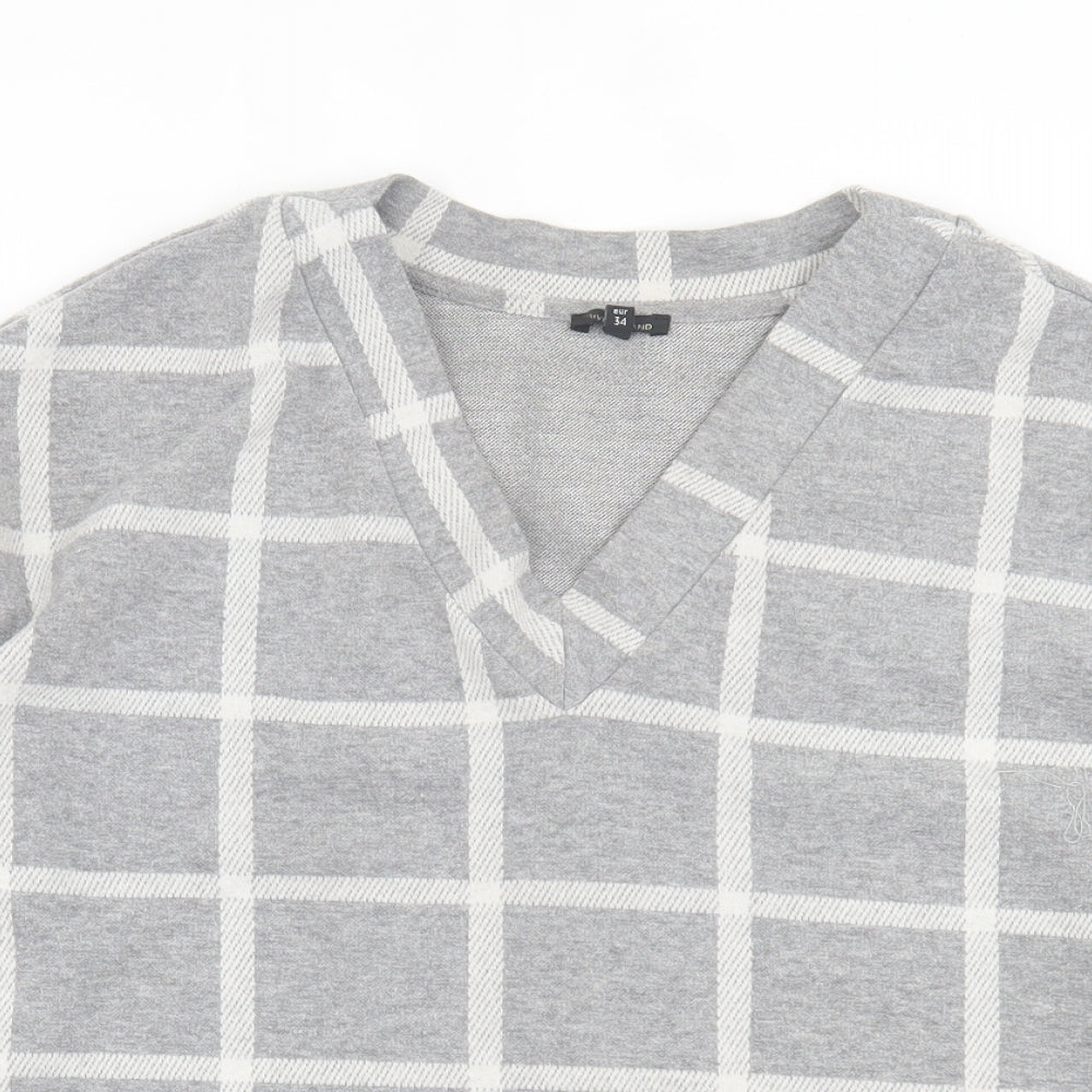 River Island Womens Grey V-Neck Check Polyester Pullover Jumper Size 8