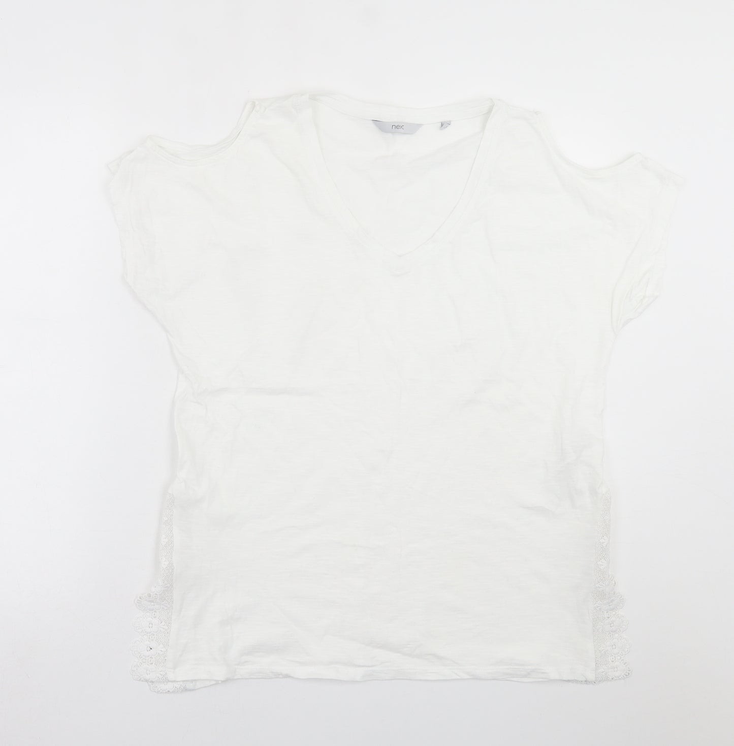 NEXT Womens White  Cotton Basic T-Shirt Size 16 V-Neck - cold Shoulder