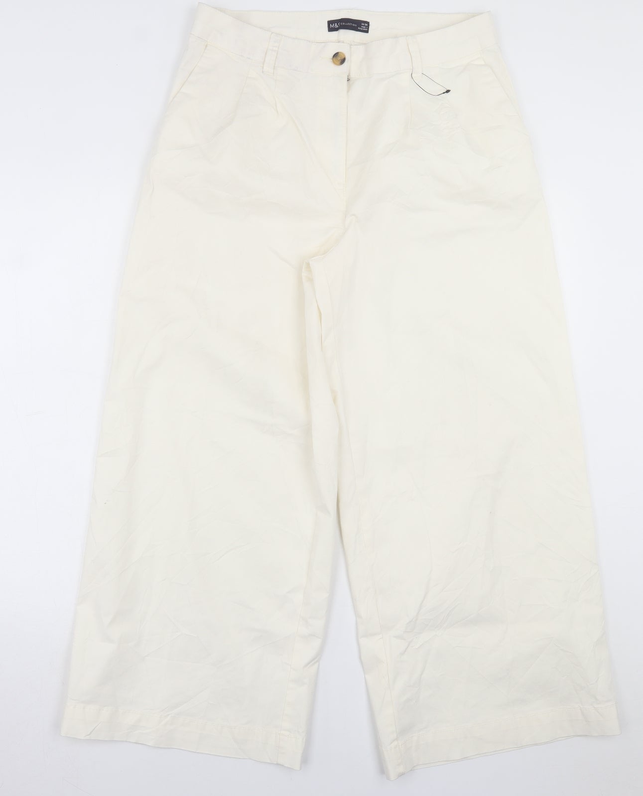 Marks and Spencer Womens White  Cotton Trousers  Size 14 L26 in Regular Button