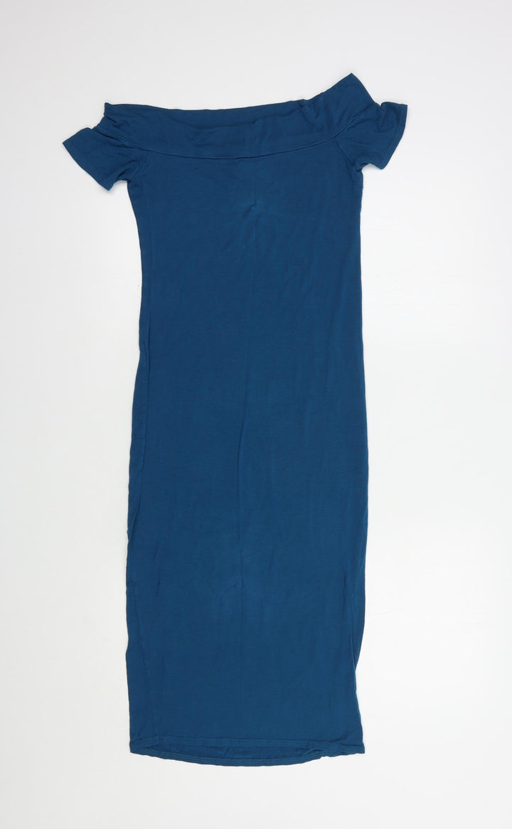 Style Womens Blue Viscose Bodycon Size S Off the Shoulder Pullover