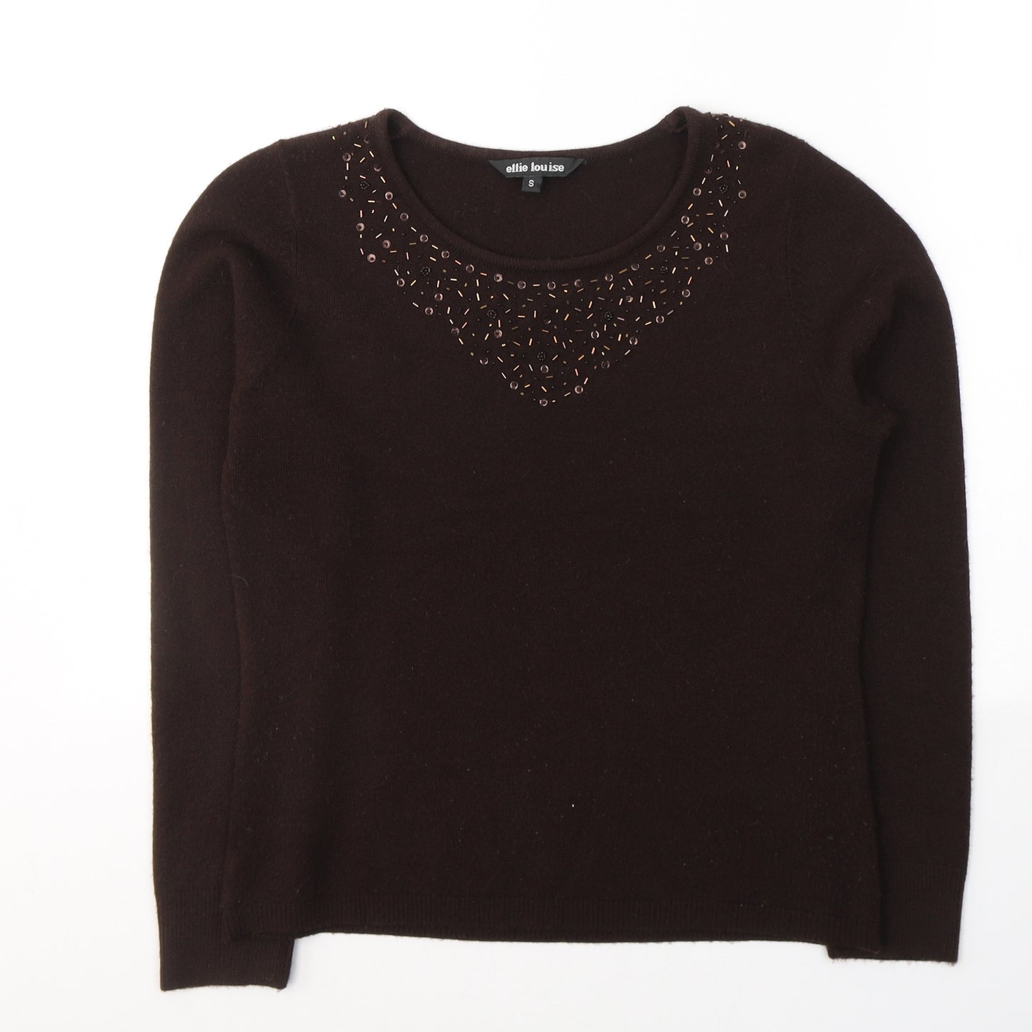 Ellie Louise Womens Brown  Acrylic Basic Blouse Size S Round Neck