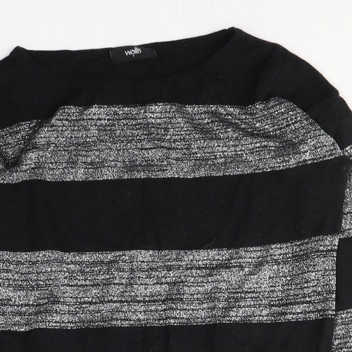 Wallis Womens Black Round Neck Striped Cotton Pullover Jumper Size S