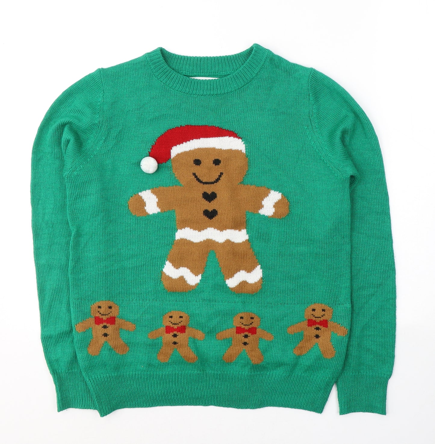 Primark Womens Green Round Neck  Acrylic Pullover Jumper Size 6   - Christmas jumper gingerbread man