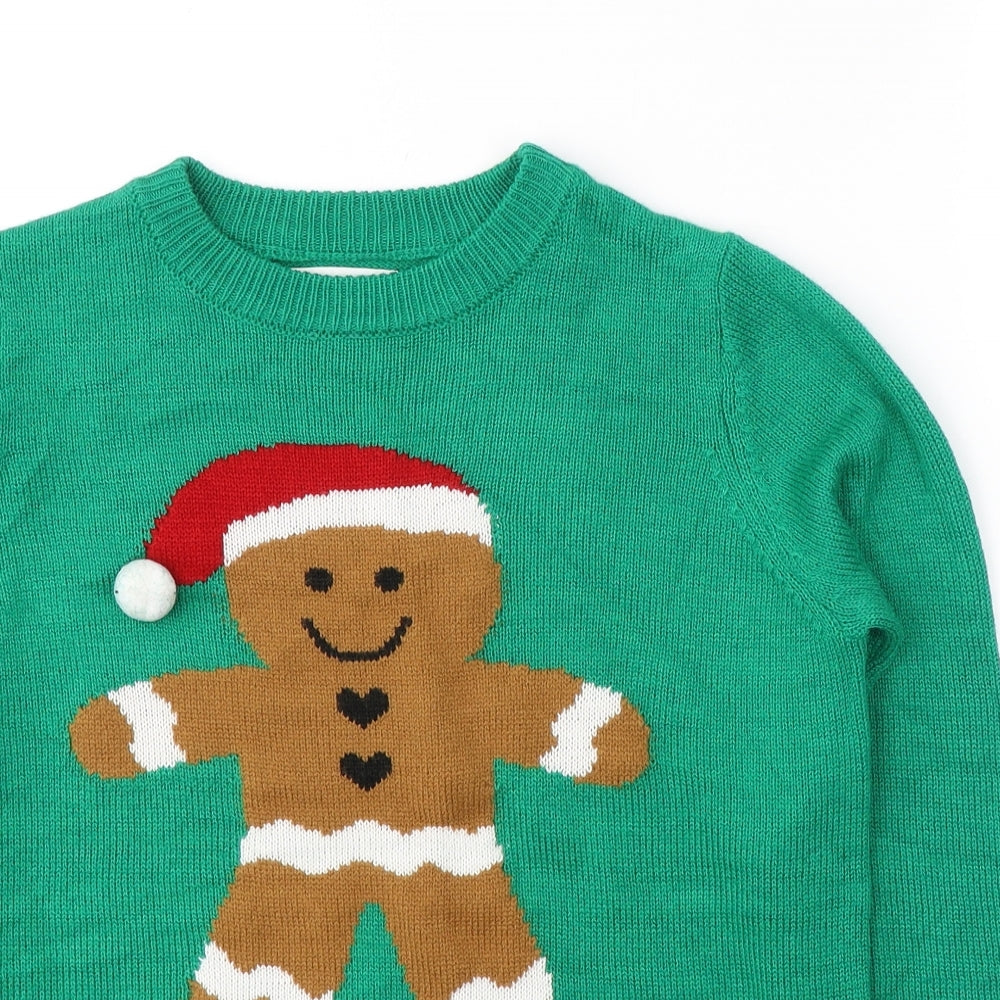 Primark Womens Green Round Neck  Acrylic Pullover Jumper Size 6   - Christmas jumper gingerbread man
