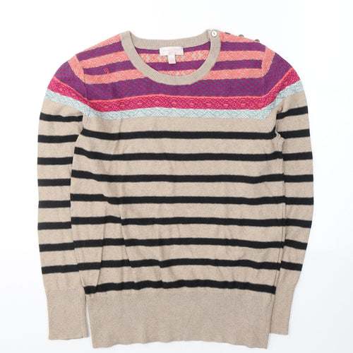 Gharani Strok Womens Beige Round Neck Striped Cotton Pullover Jumper Size L