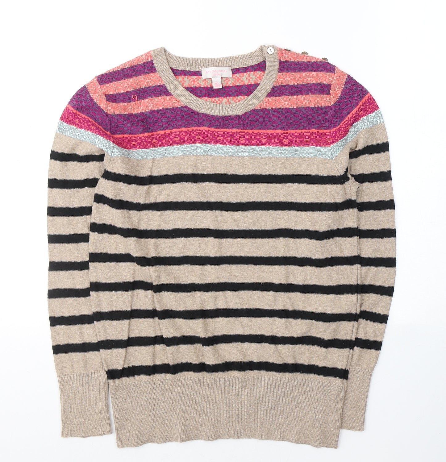 Gharani Strok Womens Beige Round Neck Striped Cotton Pullover Jumper Size L