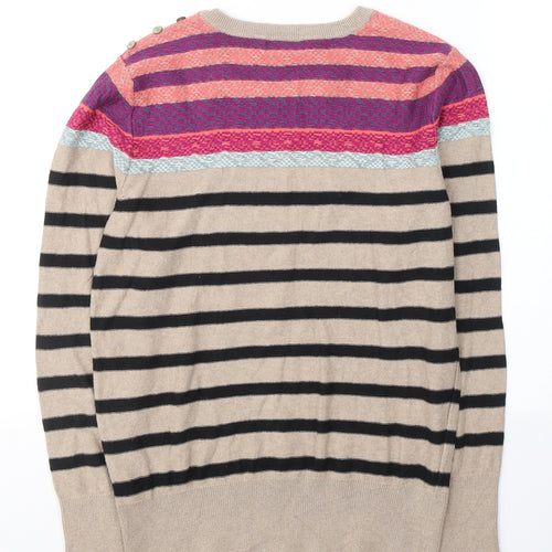 Gharani Strok Womens Beige Round Neck Striped Cotton Pullover Jumper Size L