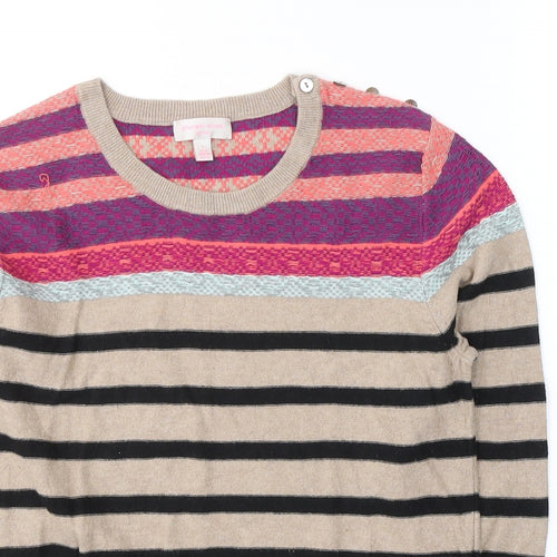 Gharani Strok Womens Beige Round Neck Striped Cotton Pullover Jumper Size L