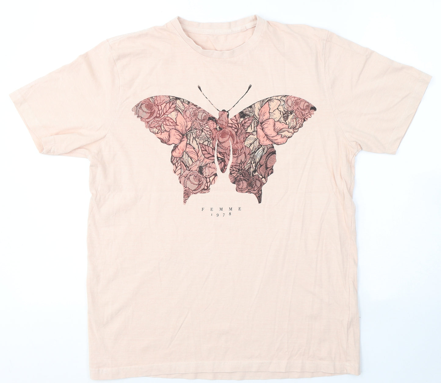 Femme Womens Pink  Cotton Basic T-Shirt Size M Round Neck - butterfly