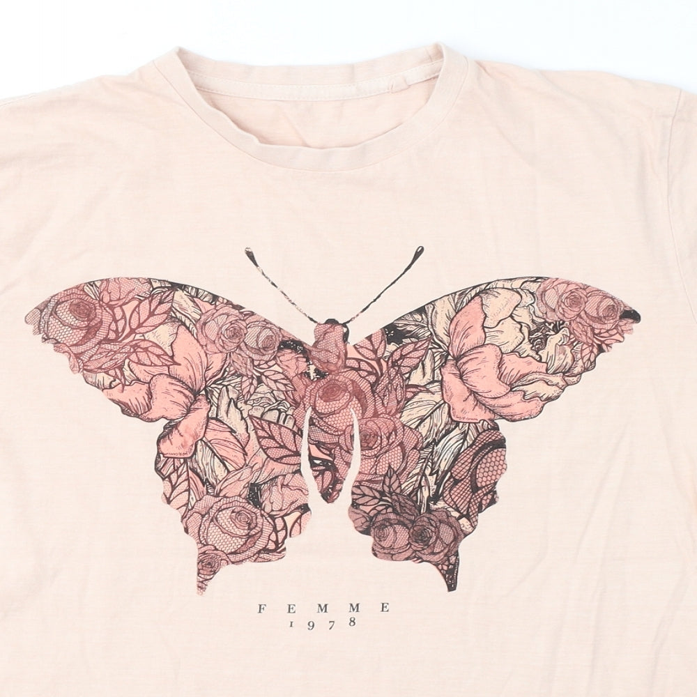 Femme Womens Pink  Cotton Basic T-Shirt Size M Round Neck - butterfly