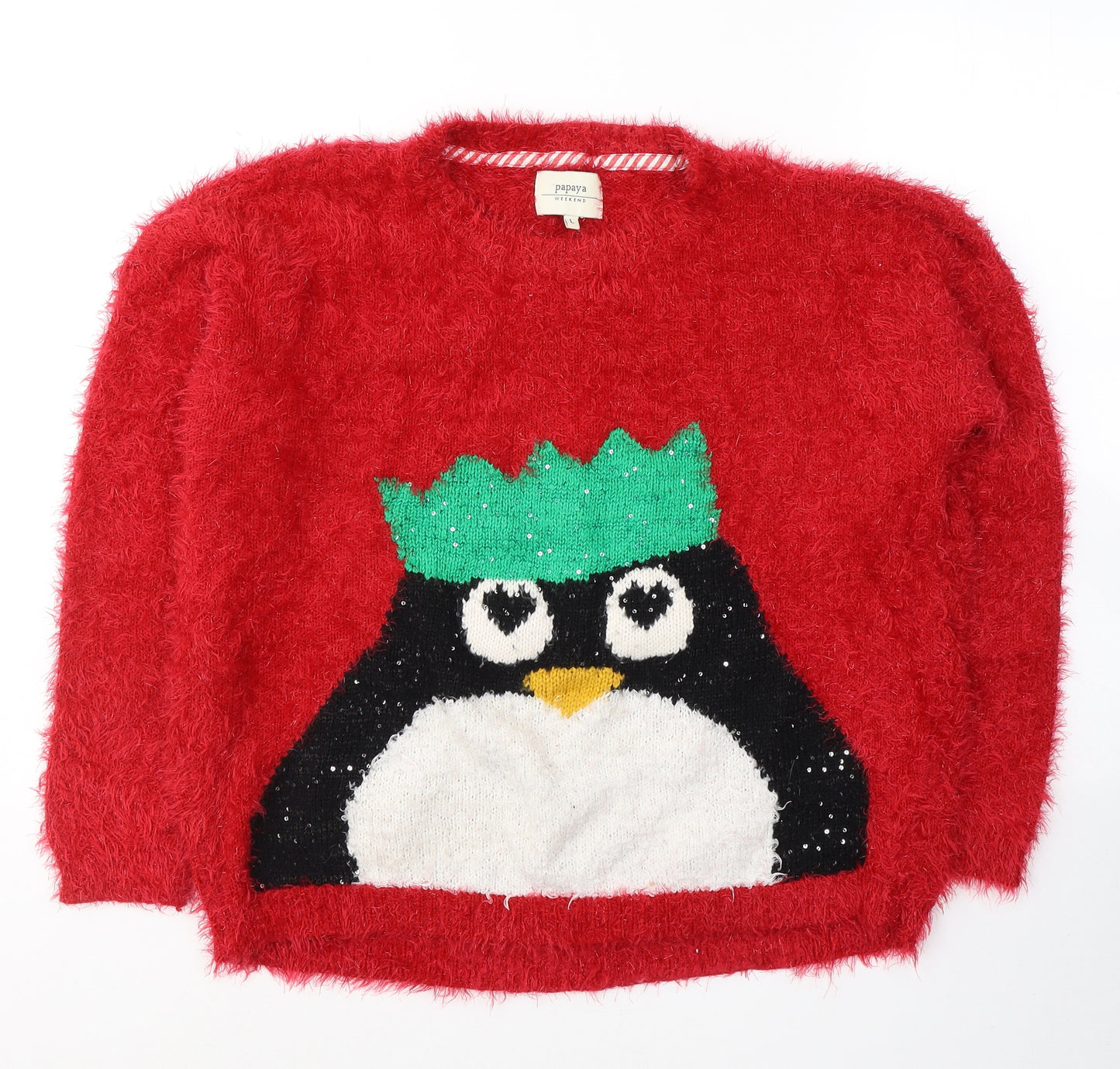 Papaya Womens Red Round Neck  Acrylic Pullover Jumper Size L   - Christmas Jumper Penguin