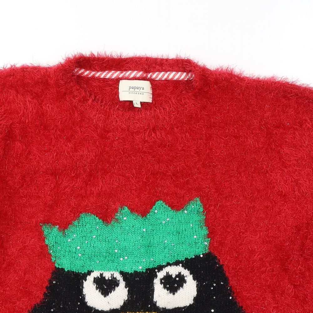 Papaya Womens Red Round Neck  Acrylic Pullover Jumper Size L   - Christmas Jumper Penguin