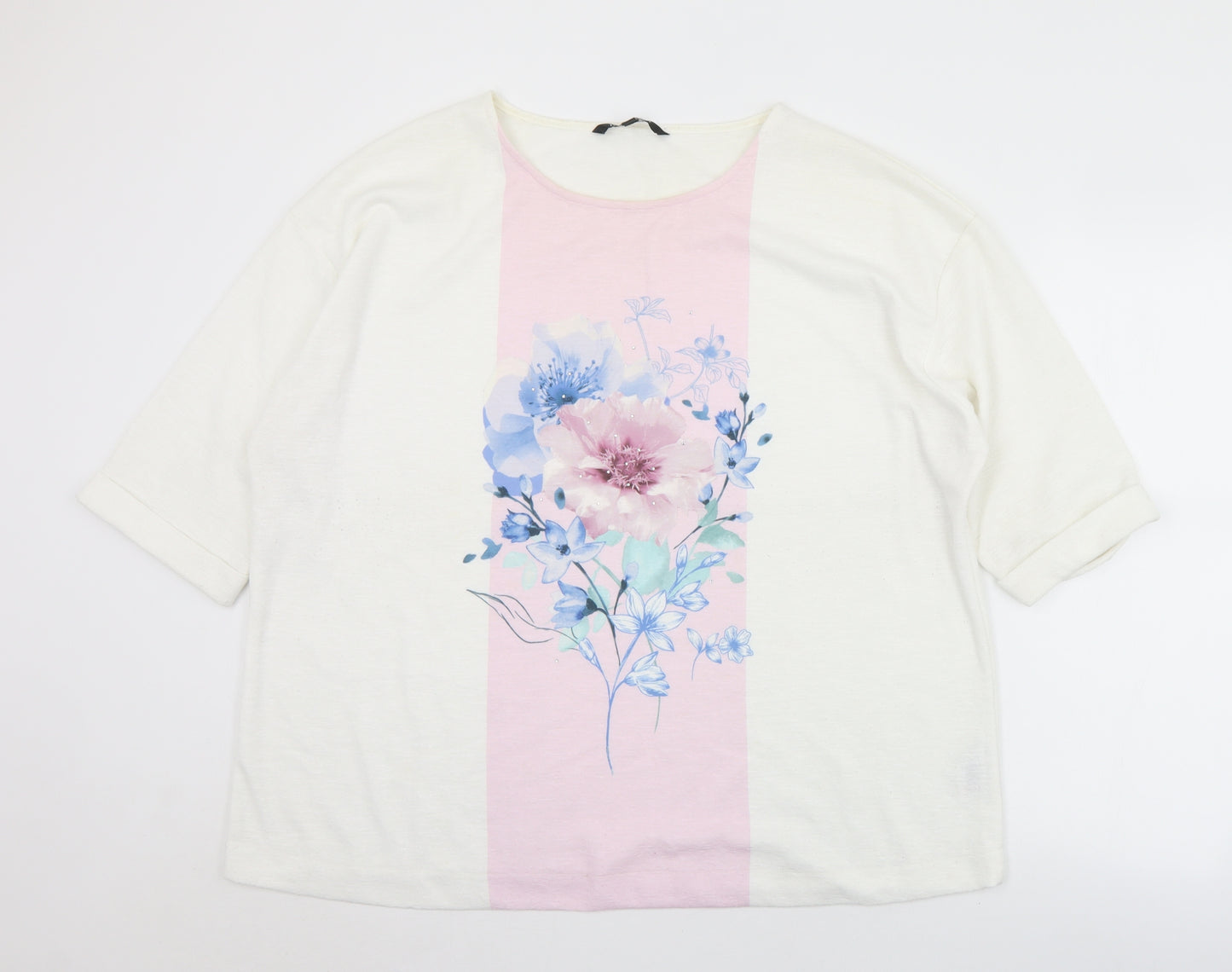 Bonmarché Womens White Floral Polyester Jersey T-Shirt Size 20 Round Neck