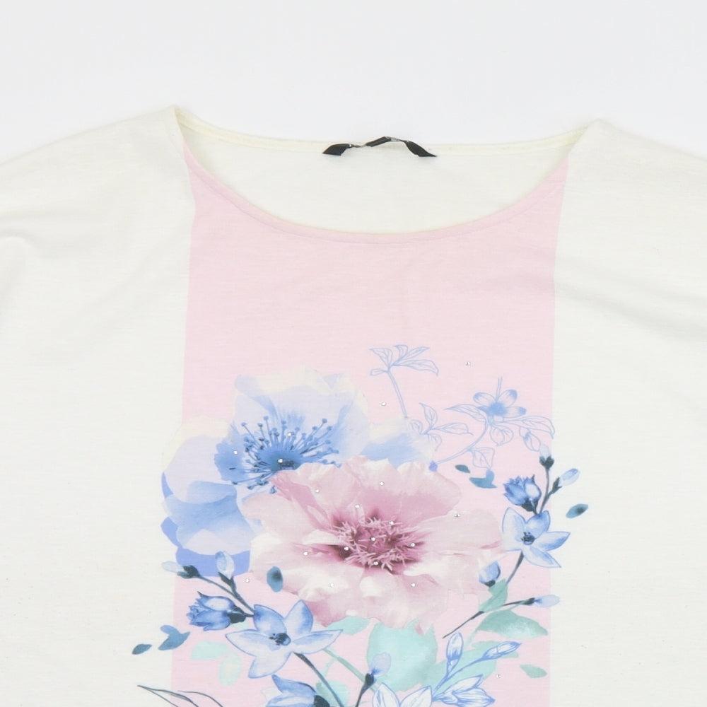 Bonmarché Womens White Floral Polyester Jersey T-Shirt Size 20 Round Neck