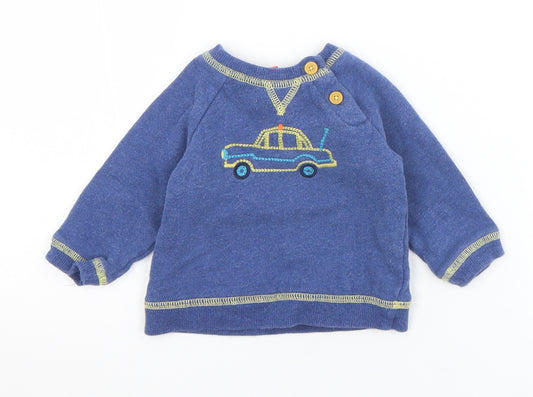 Front view of John Lewis boys’ blue cotton jumper, size 0-3, months button - car