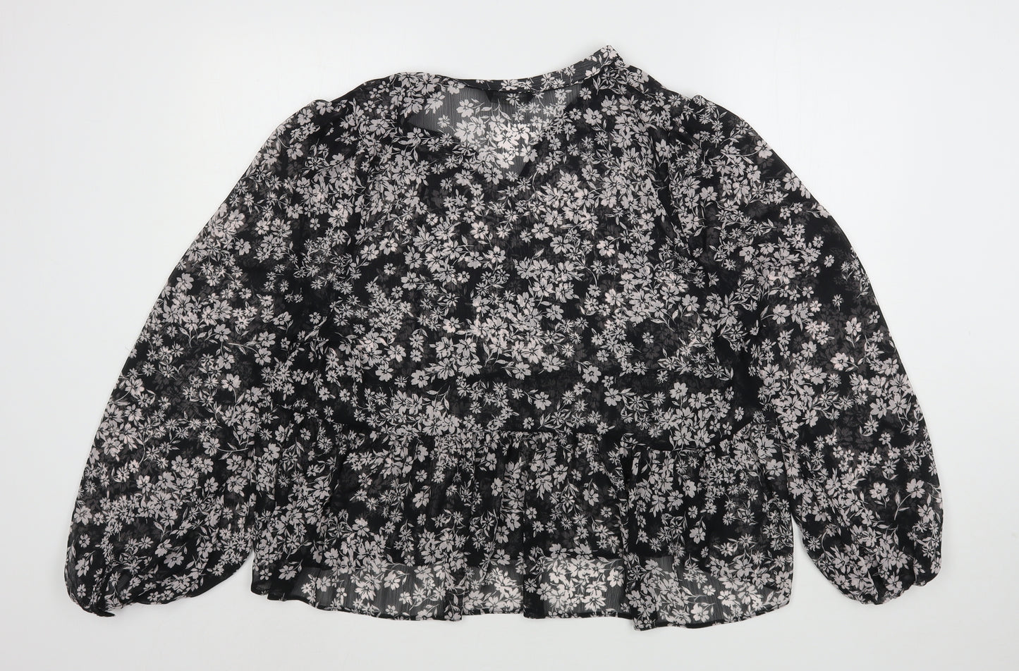 George Womens Black Floral Polyester Basic Blouse Size 20 V-Neck