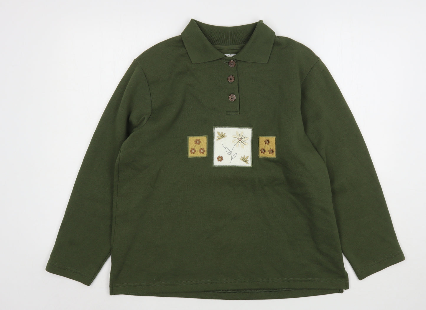 Natural Territory Womens Green Collared Floral Polyester Pullover Jumper Size S