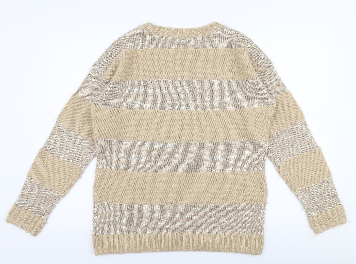 NEXT Womens Beige Round Neck Striped Acrylic Pullover Jumper Size 14