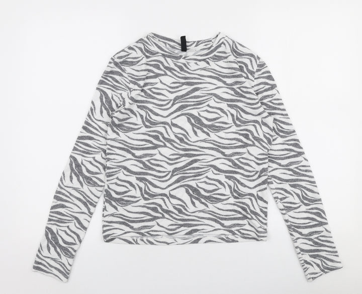 H&M Womens Grey Round Neck Animal Print Viscose Pullover Jumper Size XS