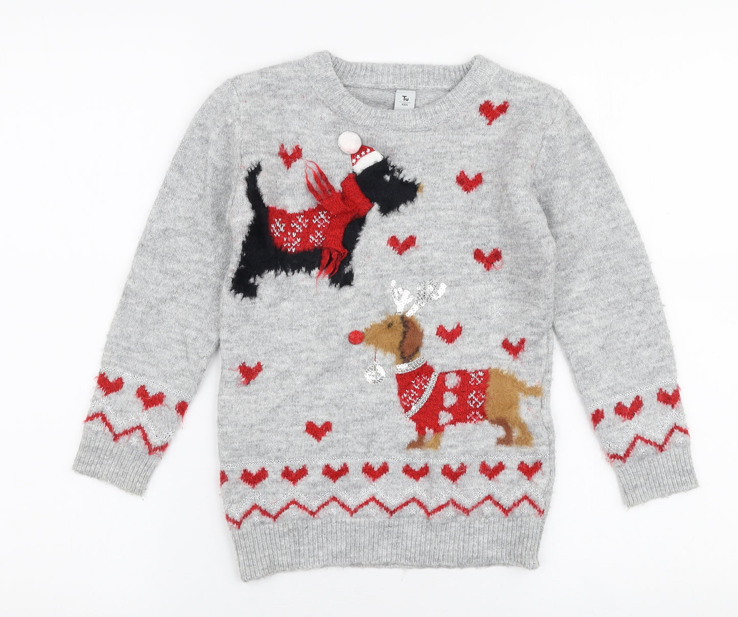 TU Girls Grey Round Neck  Acrylic Pullover Jumper Size 6 Years  Pullover - Dogs Christmas