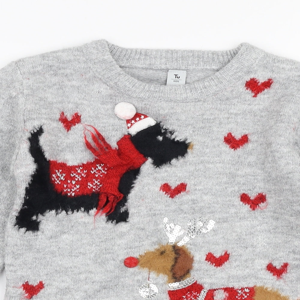 TU Girls Grey Round Neck  Acrylic Pullover Jumper Size 6 Years  Pullover - Dogs Christmas