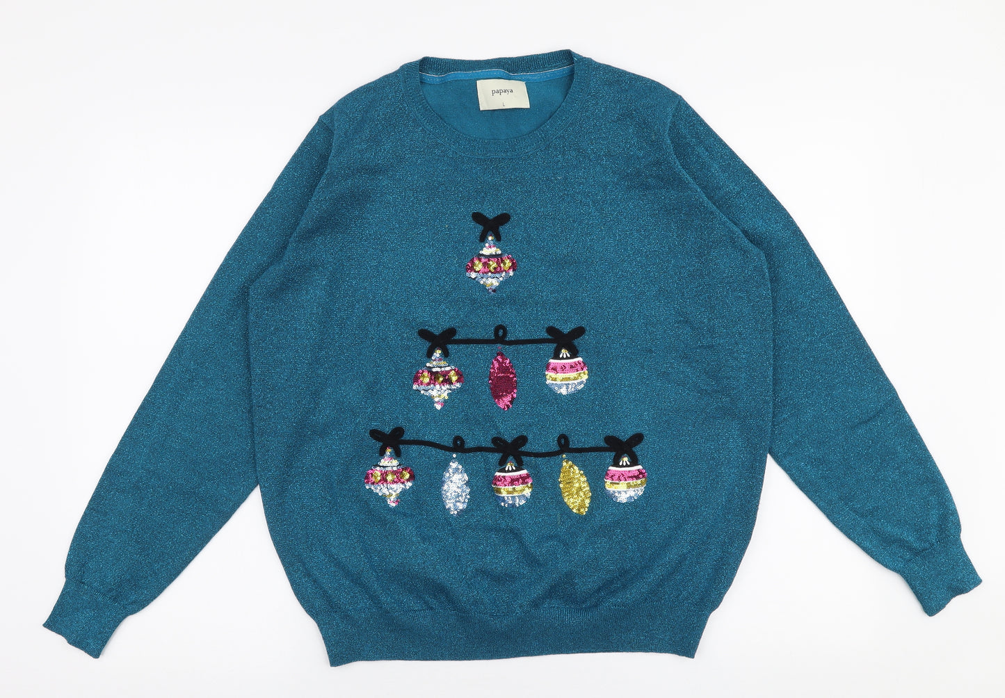 Papaya Womens Blue Round Neck  Viscose Pullover Jumper Size L   - christmas