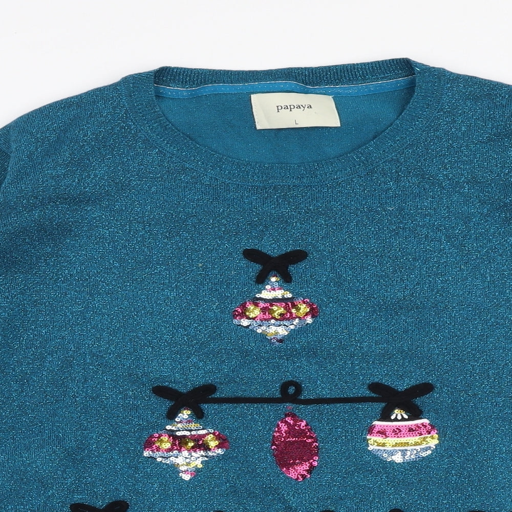 Papaya Womens Blue Round Neck  Viscose Pullover Jumper Size L   - christmas