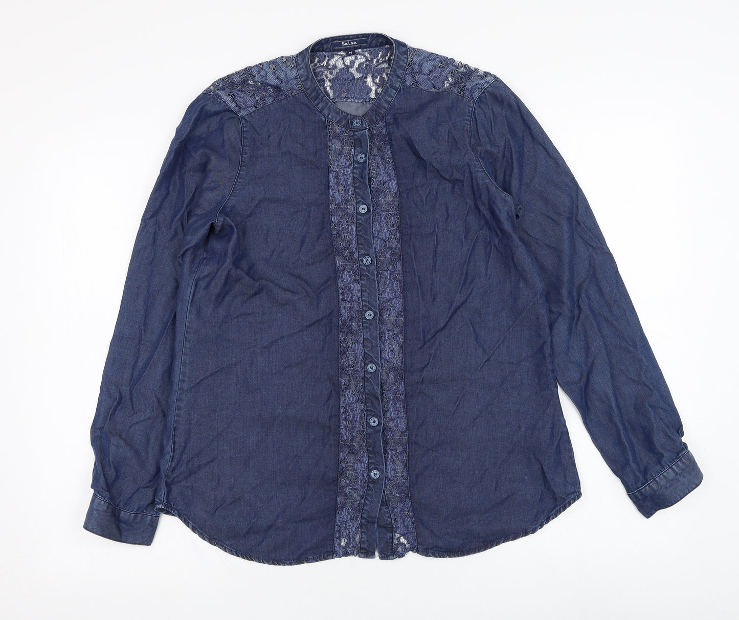 Salsa Womens Blue  Lyocell Basic Button-Up Size M Round Neck