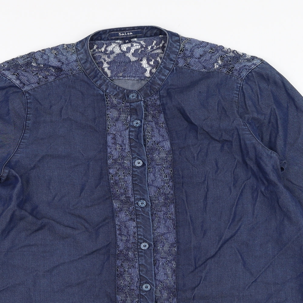 Salsa Womens Blue  Lyocell Basic Button-Up Size M Round Neck
