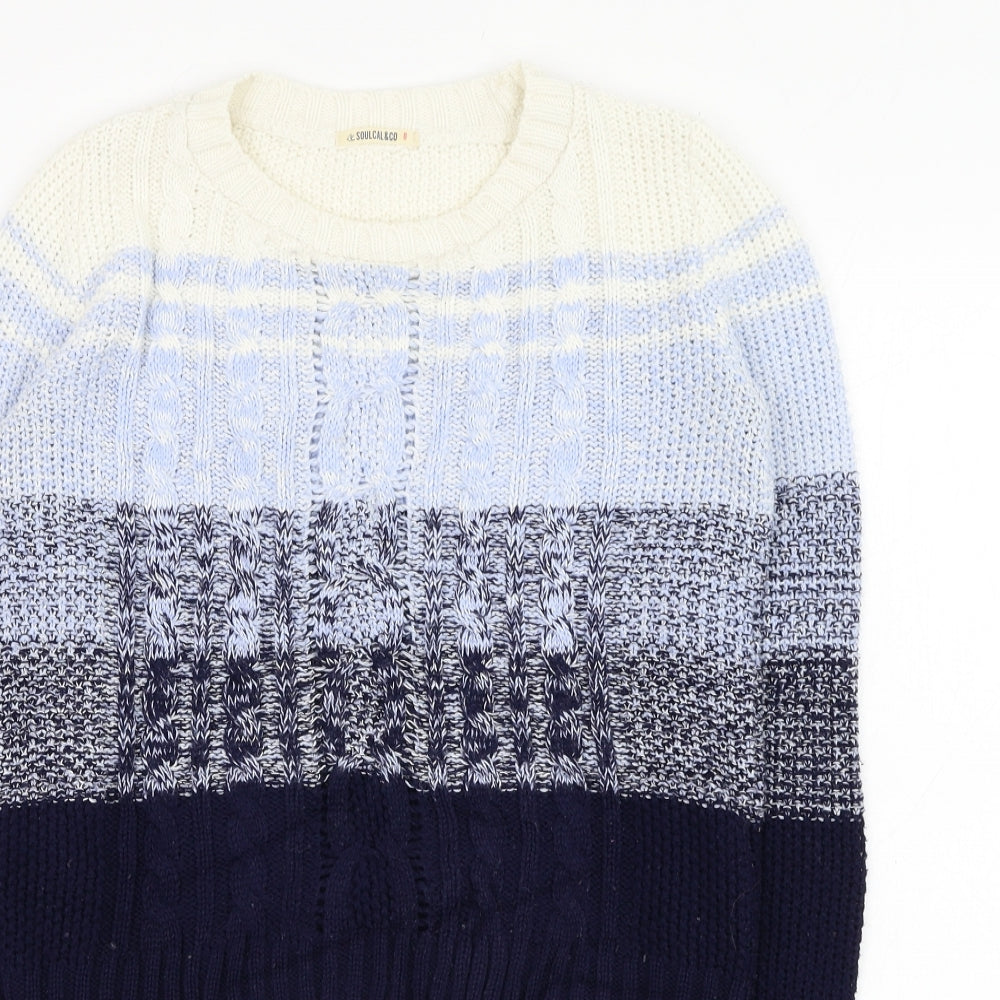 SoulCal&Co Womens Blue Round Neck Striped Acrylic Pullover Jumper Size 8