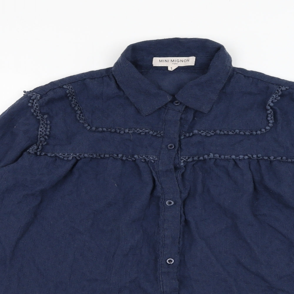 Mignon Girls Blue  Cotton Basic Button-Up Size 12 Years Collared Buckle