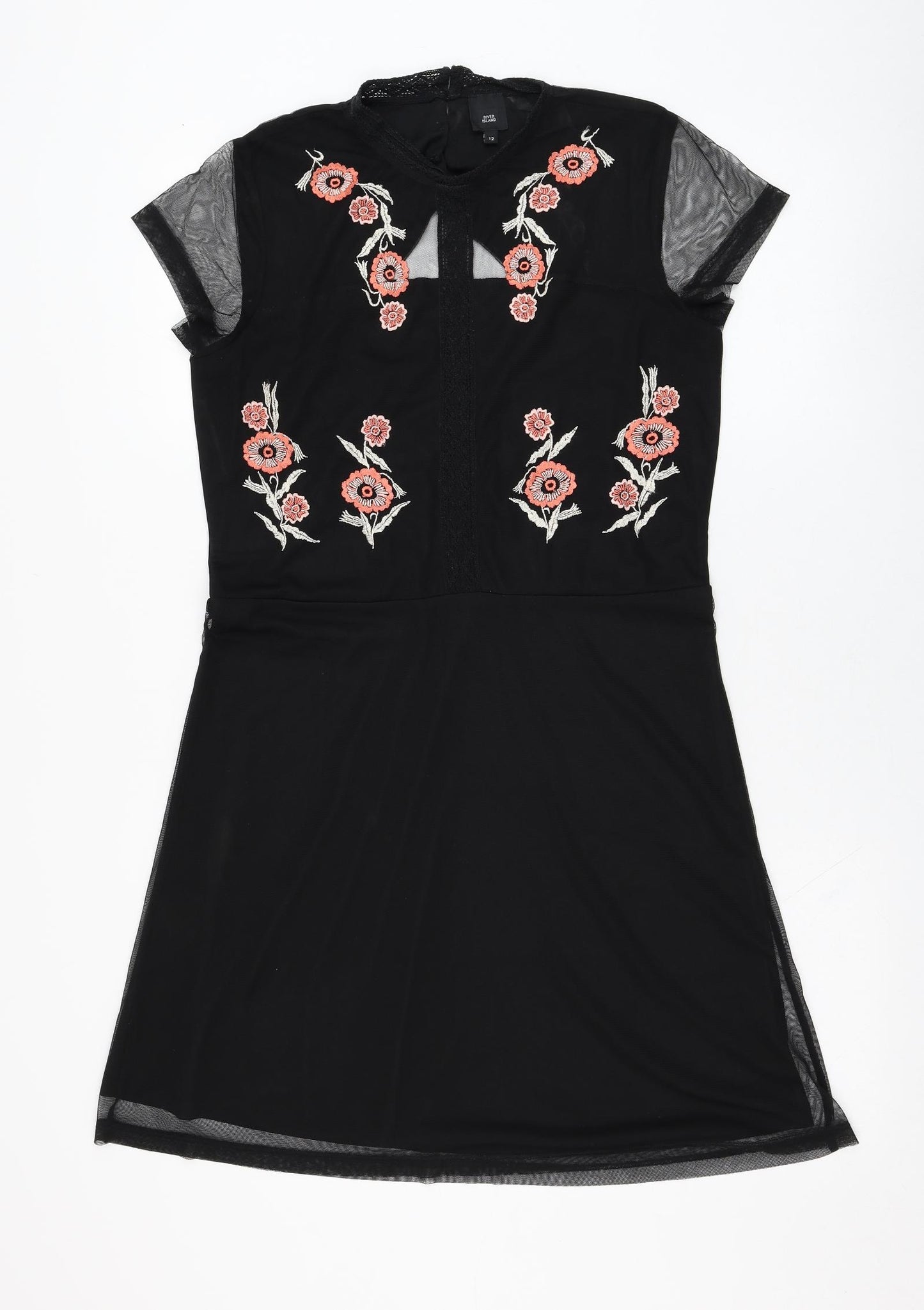 River Island Womens Black  Polyester Shift  Size 12  Round Neck Button - Flower