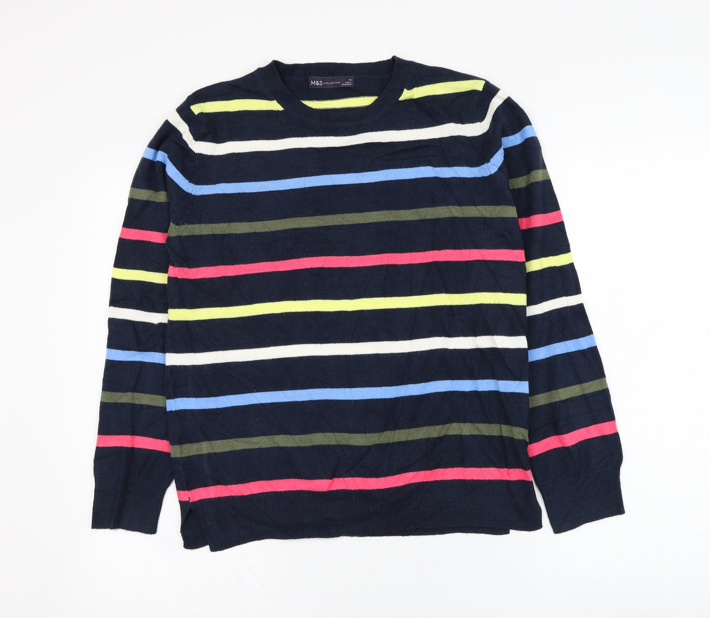Marks and Spencer Womens Blue Round Neck Striped Acrylic Pullover Jumper Size 12