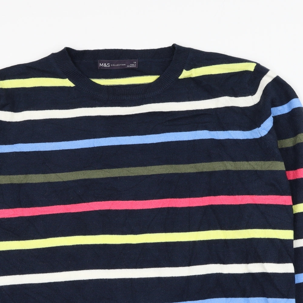 Marks and Spencer Womens Blue Round Neck Striped Acrylic Pullover Jumper Size 12
