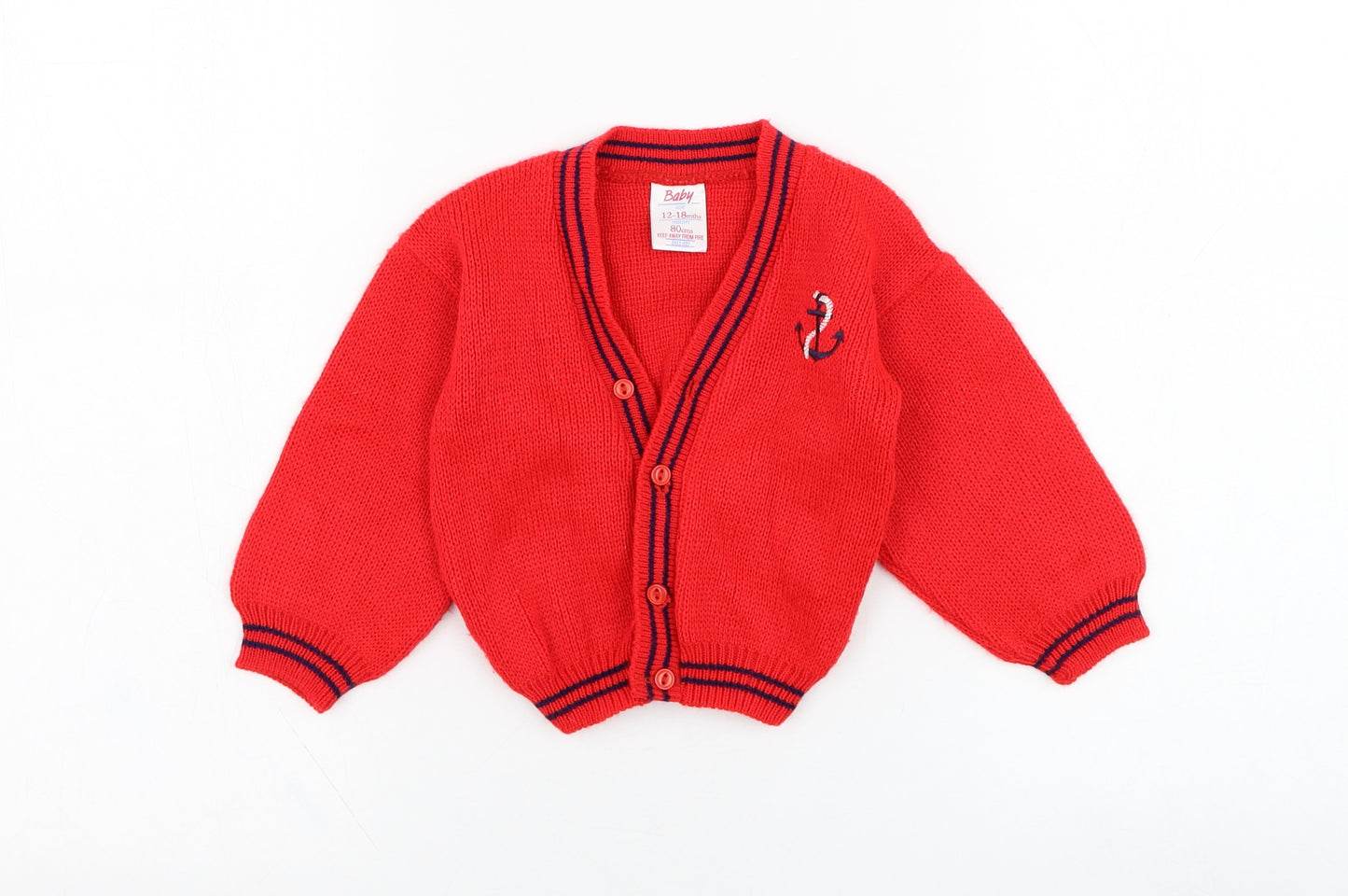 Preworn Girls Red  Acrylic Cardigan Jumper Size 18-24 Months  Button - Anchor