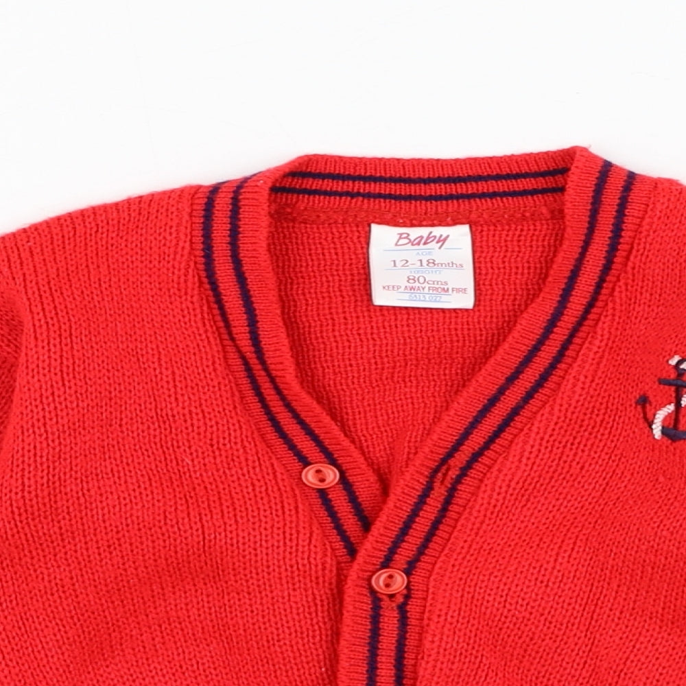 Preworn Girls Red  Acrylic Cardigan Jumper Size 18-24 Months  Button - Anchor