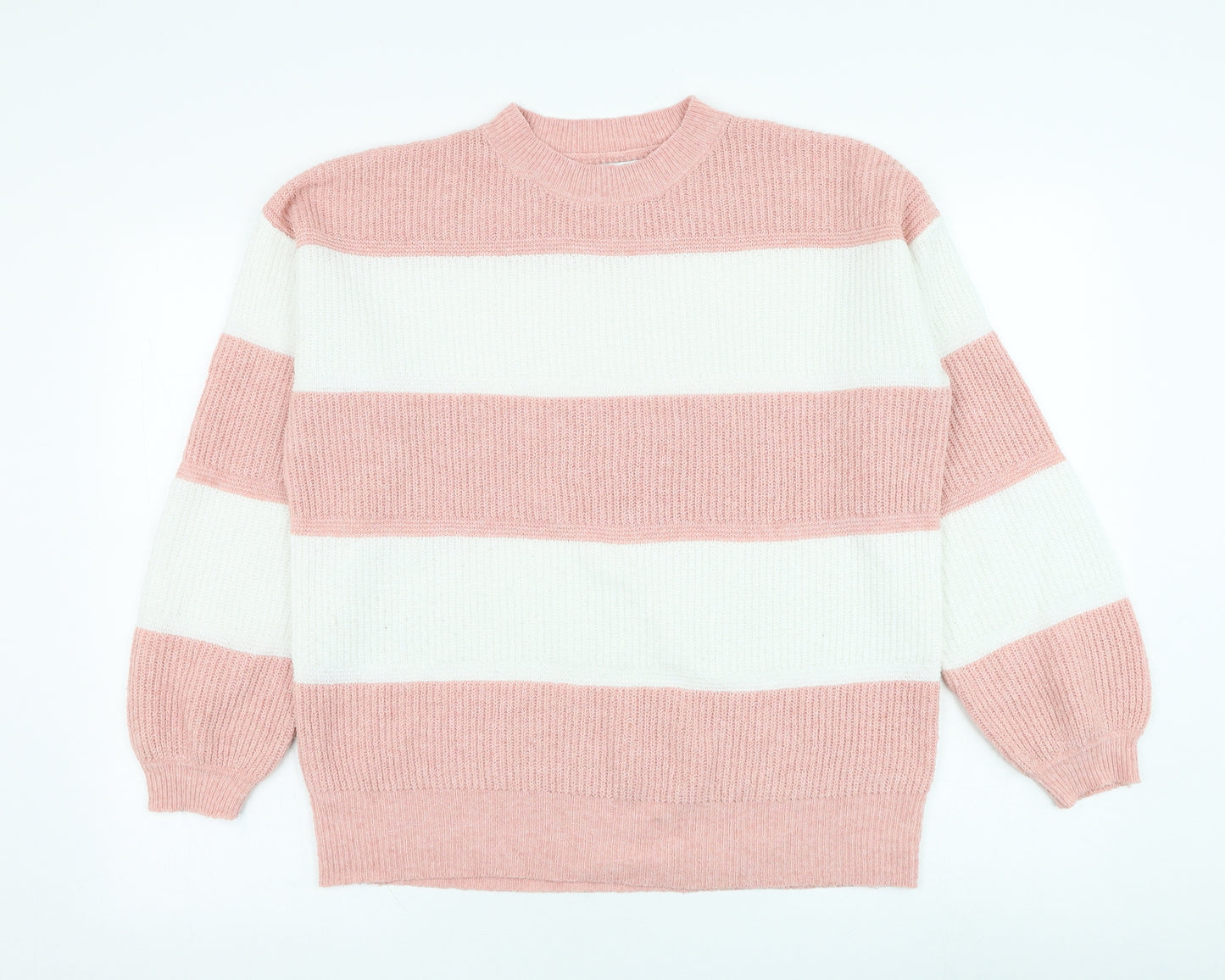 Papaya Womens Pink Round Neck Striped Polyester Pullover Jumper Size M
