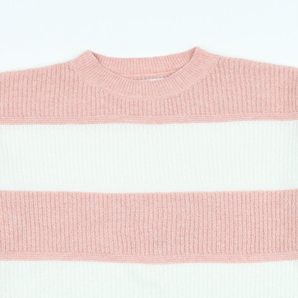 Papaya Womens Pink Round Neck Striped Polyester Pullover Jumper Size M