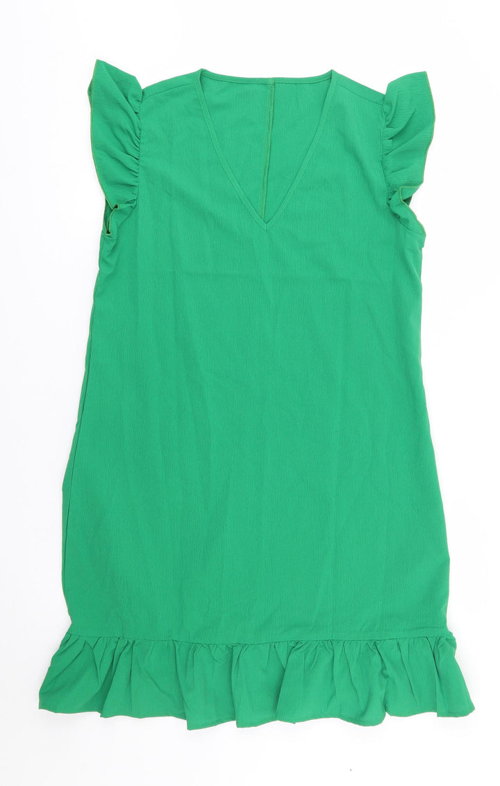 SheIn Womens Green Polyester Shift Size 6 V-Neck - Ruffle, Frill