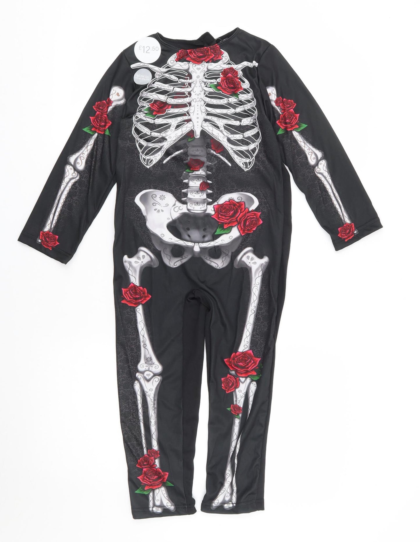 F+F Boys Black Solid 100% Polyester  Bodysuit Size 5-6 Years  Hook & Loop -  Fancy Dress, Skeleton