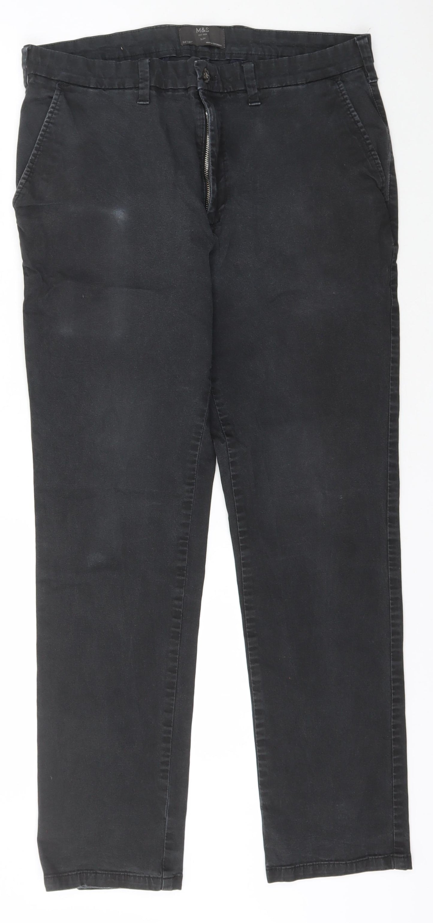 Marks and Spencer Mens Grey  Cotton Tapered Jeans Size 34 L30 in Slim Zip