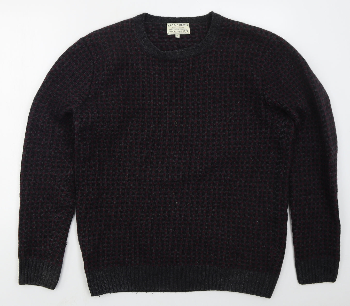 Racing Green Mens Red Crew Neck Check Wool Pullover Jumper Size XL