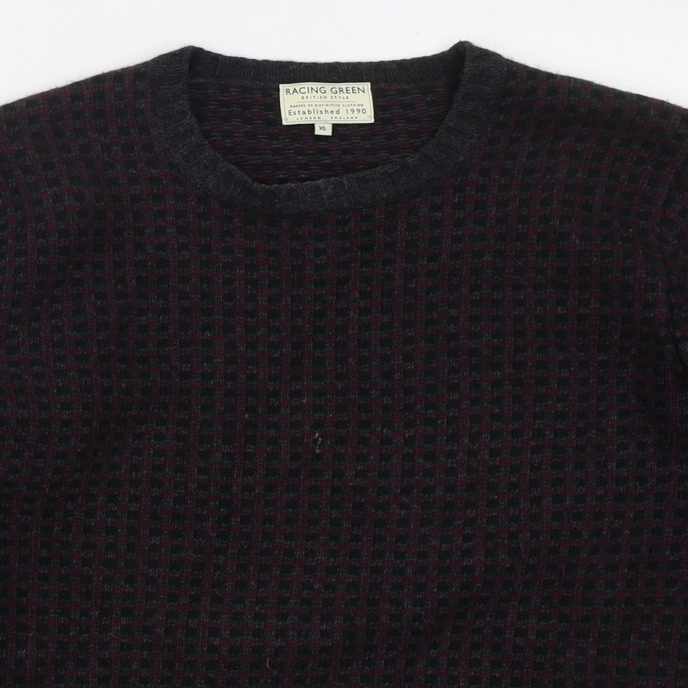 Racing Green Mens Red Crew Neck Check Wool Pullover Jumper Size XL