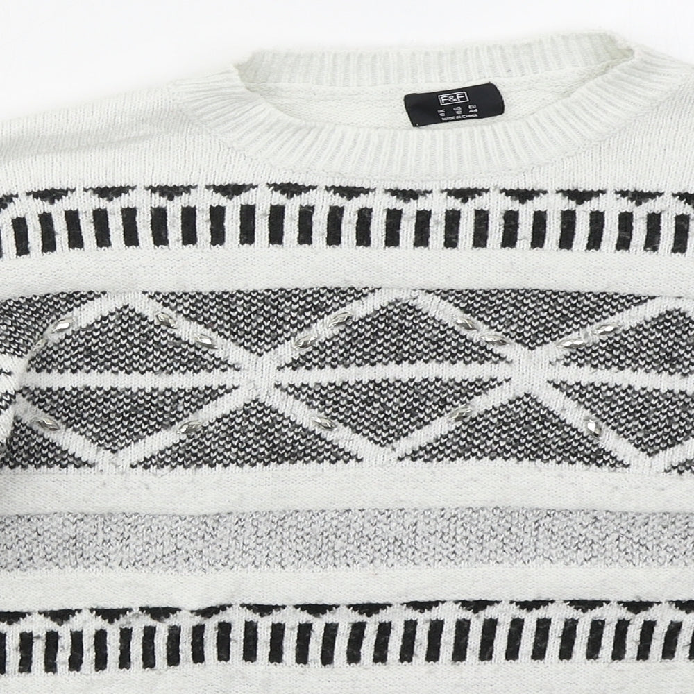 F&F Womens Grey Crew Neck Geometric Acrylic Pullover Jumper Size 16