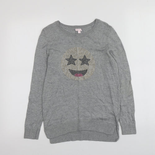 Me.n.u Girls Grey Round Neck Geometric Cotton Pullover Jumper Size 10 Years