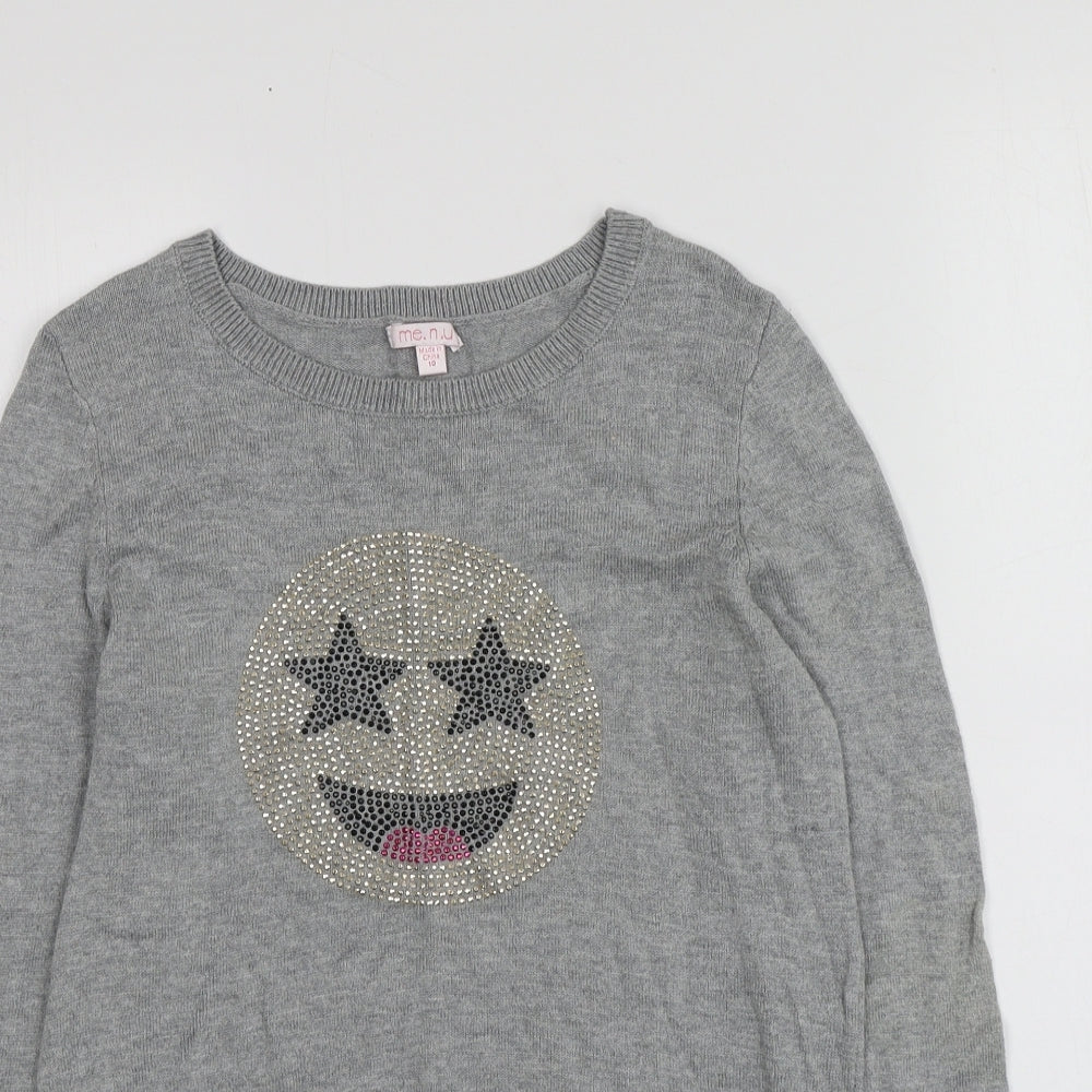 Me.n.u Girls Grey Round Neck Geometric Cotton Pullover Jumper Size 10 Years