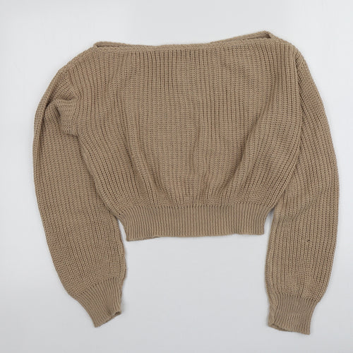 Boohoo Womens Beige Square Neck  Acrylic Pullover Jumper Size M
