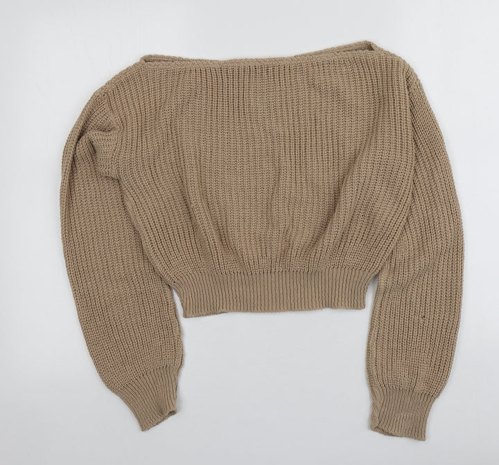 Boohoo Womens Beige Square Neck  Acrylic Pullover Jumper Size M