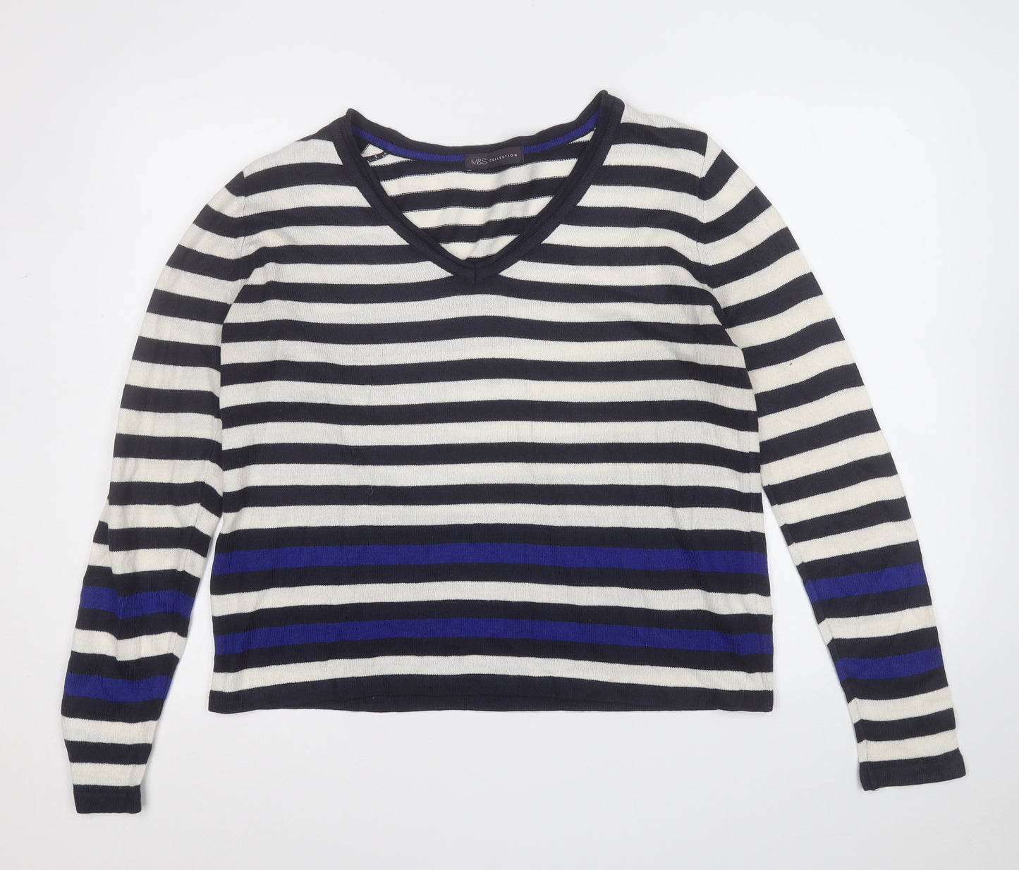 Marks and Spencer Womens Multicoloured V-Neck Striped Acrylic Pullover Jumper Size 14