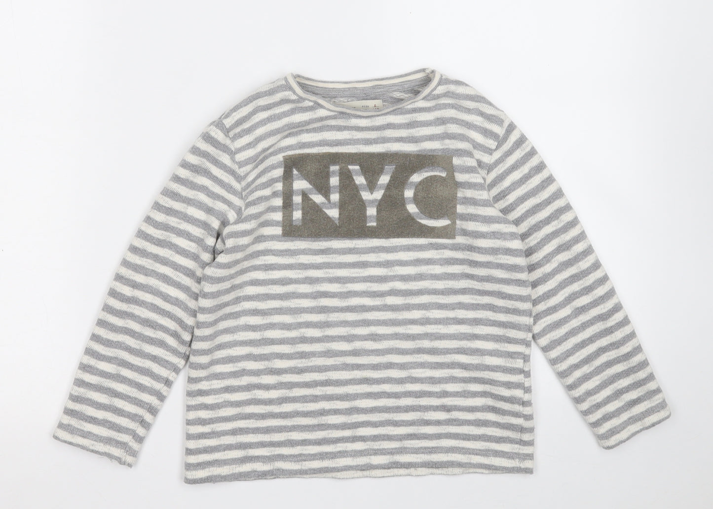 Zara Boys Grey Striped Cotton Pullover T-Shirt Size 6-7 Years Round Neck  - NYC
